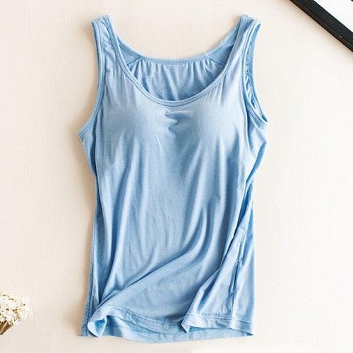 Great Women Built In Bra Padded Tank Top - Female Modal Breathable Fitness Camisole Tops - Solid Push Up Bra Vest (TB3)