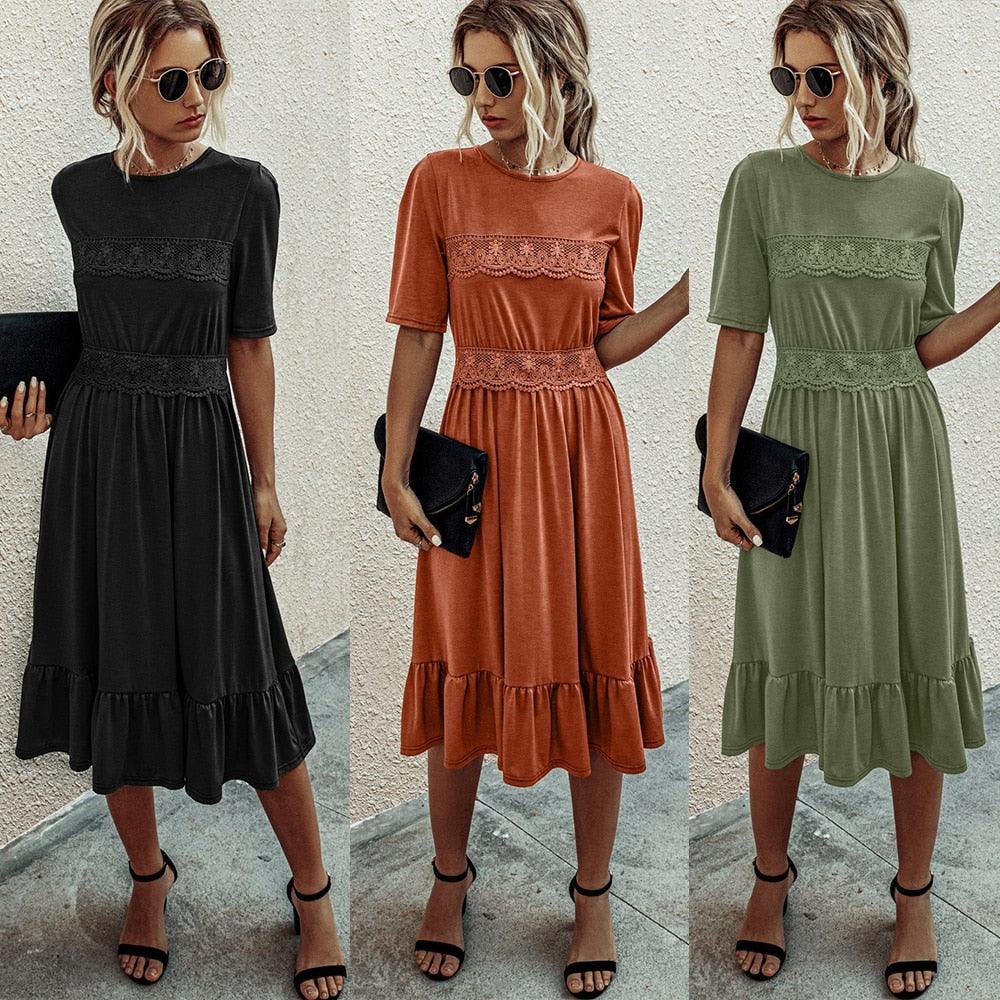Gorgeous Women Casual Solid Color A-line Dress - Summer Fashion Half Sleeve Mid-Calf Lace Dress - Elegant Round Neck (1U30)(1U20)