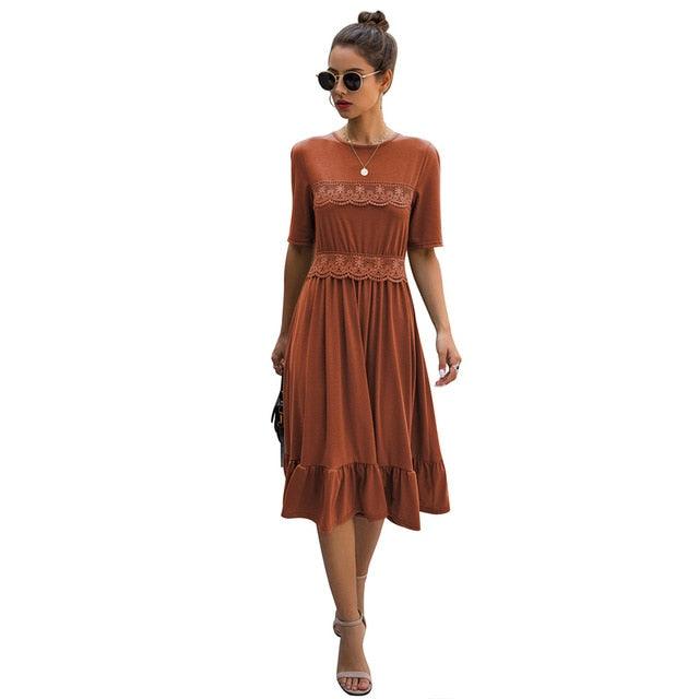 Gorgeous Women Casual Solid Color A-line Dress - Summer Fashion Half Sleeve Mid-Calf Lace Dress - Elegant Round Neck (1U30)(1U20)
