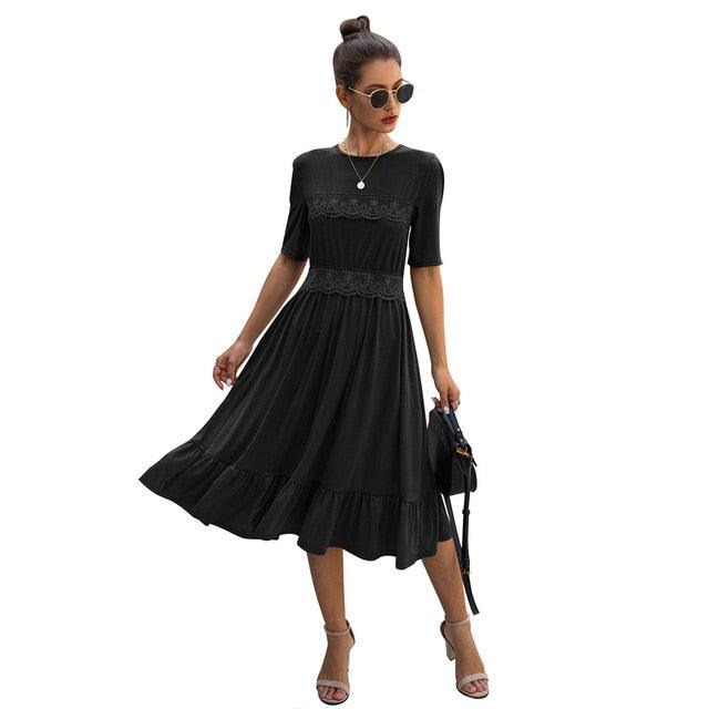 Gorgeous Women Casual Solid Color A-line Dress - Summer Fashion Half Sleeve Mid-Calf Lace Dress - Elegant Round Neck (1U30)(1U20)