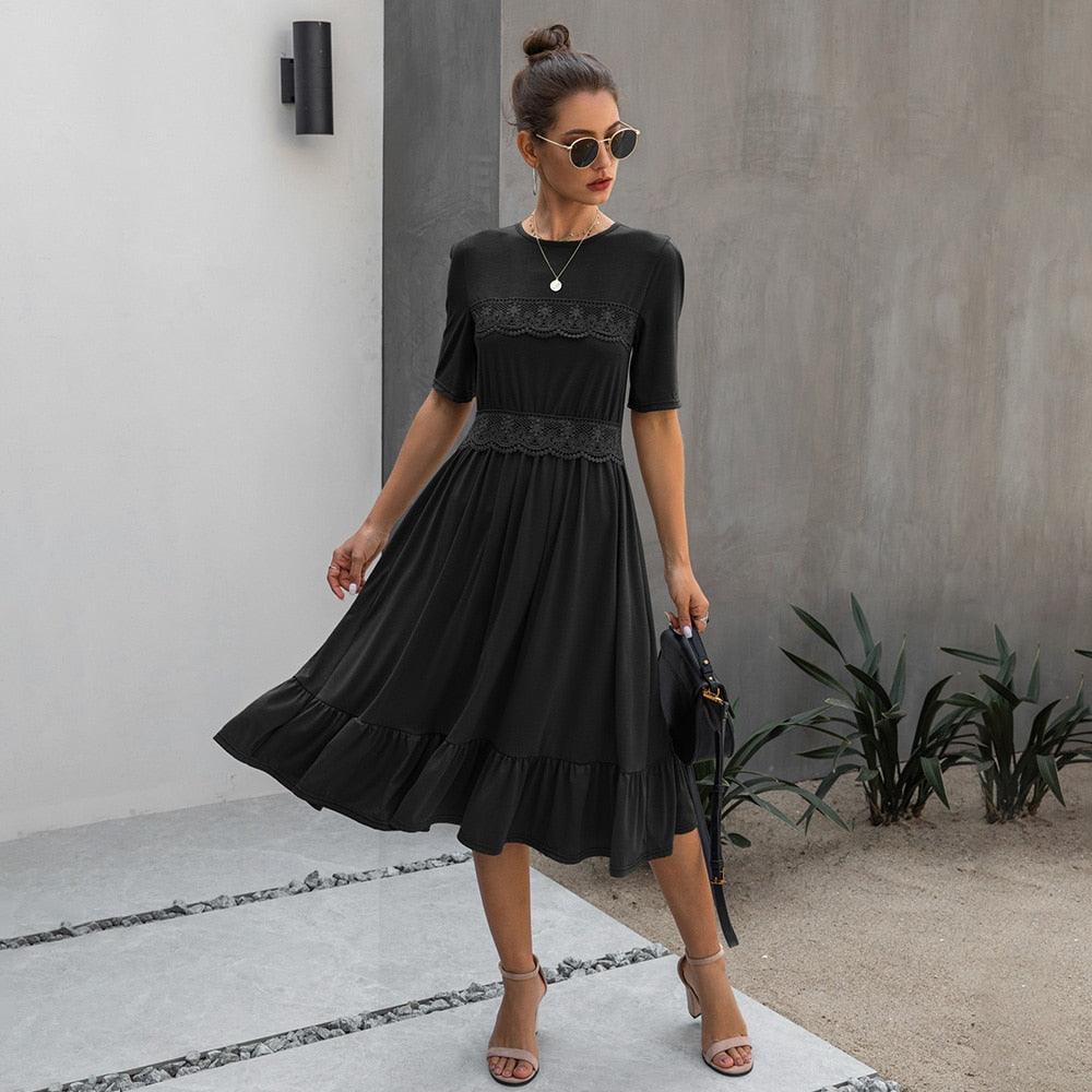 Gorgeous Women Casual Solid Color A-line Dress - Summer Fashion Half Sleeve Mid-Calf Lace Dress - Elegant Round Neck (1U30)(1U20)