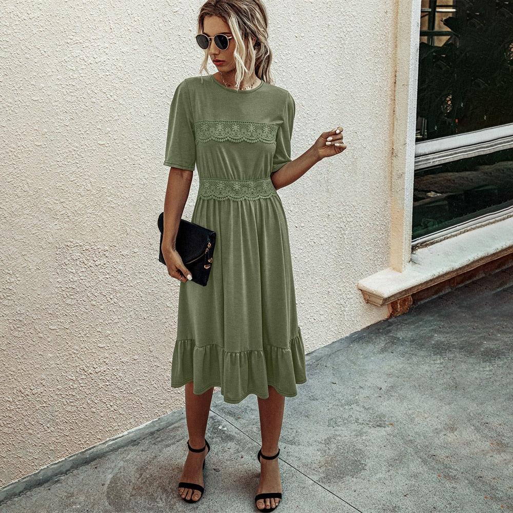 Gorgeous Women Casual Solid Color A-line Dress - Summer Fashion Half Sleeve Mid-Calf Lace Dress - Elegant Round Neck (1U30)(1U20)