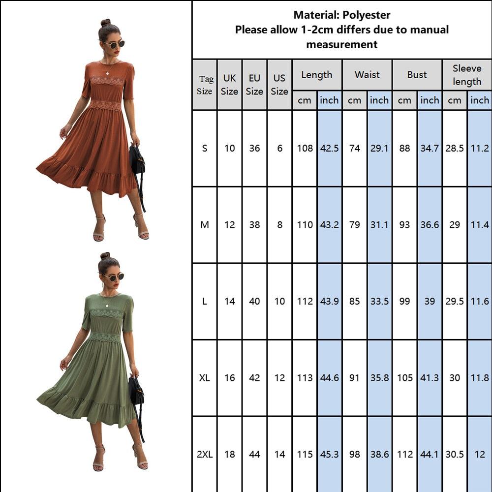 Gorgeous Women Casual Solid Color A-line Dress - Summer Fashion Half Sleeve Mid-Calf Lace Dress - Elegant Round Neck (1U30)(1U20)