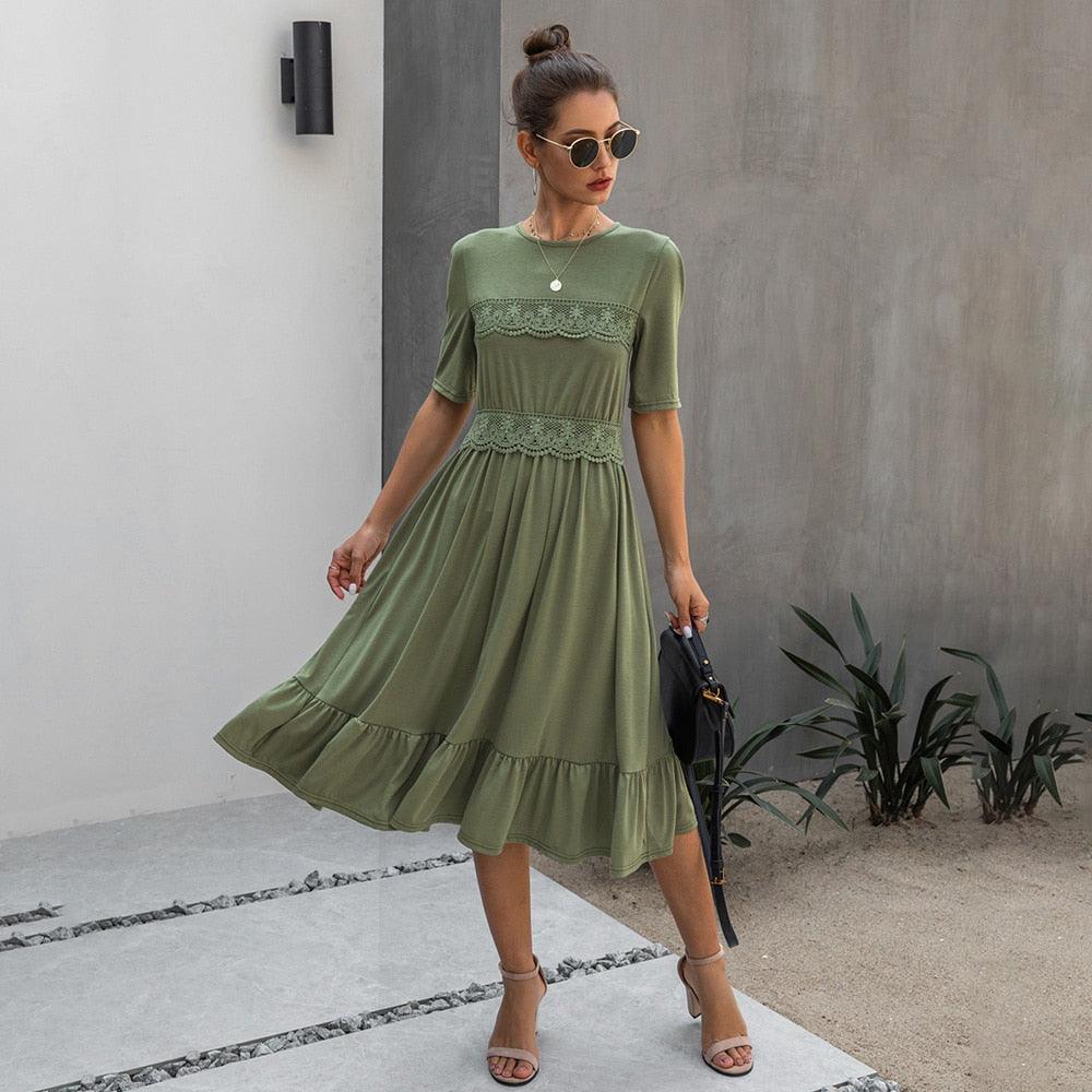 Gorgeous Women Casual Solid Color A-line Dress - Summer Fashion Half Sleeve Mid-Calf Lace Dress - Elegant Round Neck (1U30)(1U20)