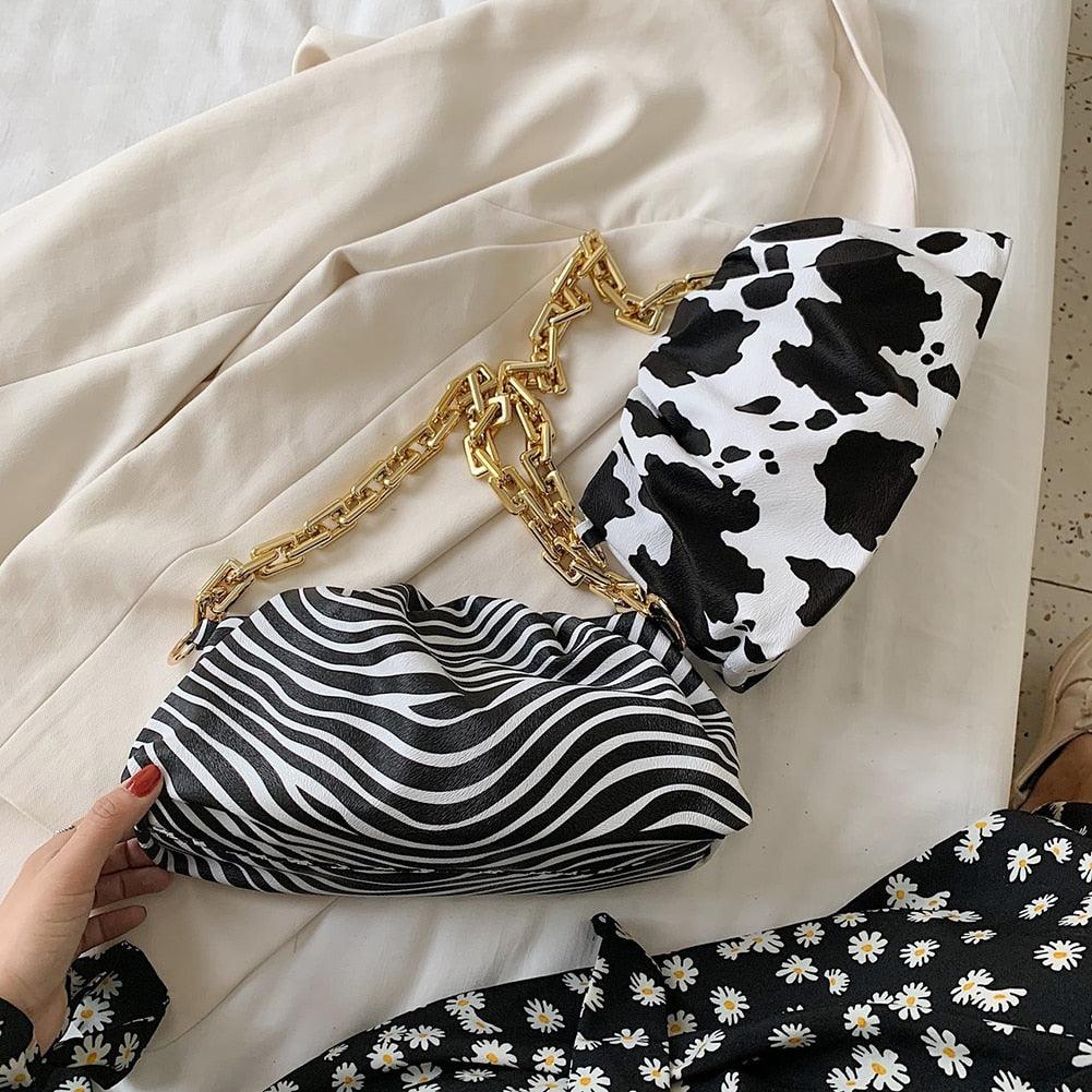 Cute Women Cloud Chain Shoulder Bags - Zebra Cow Animal Pattern Evening Party Handbag (3U43)