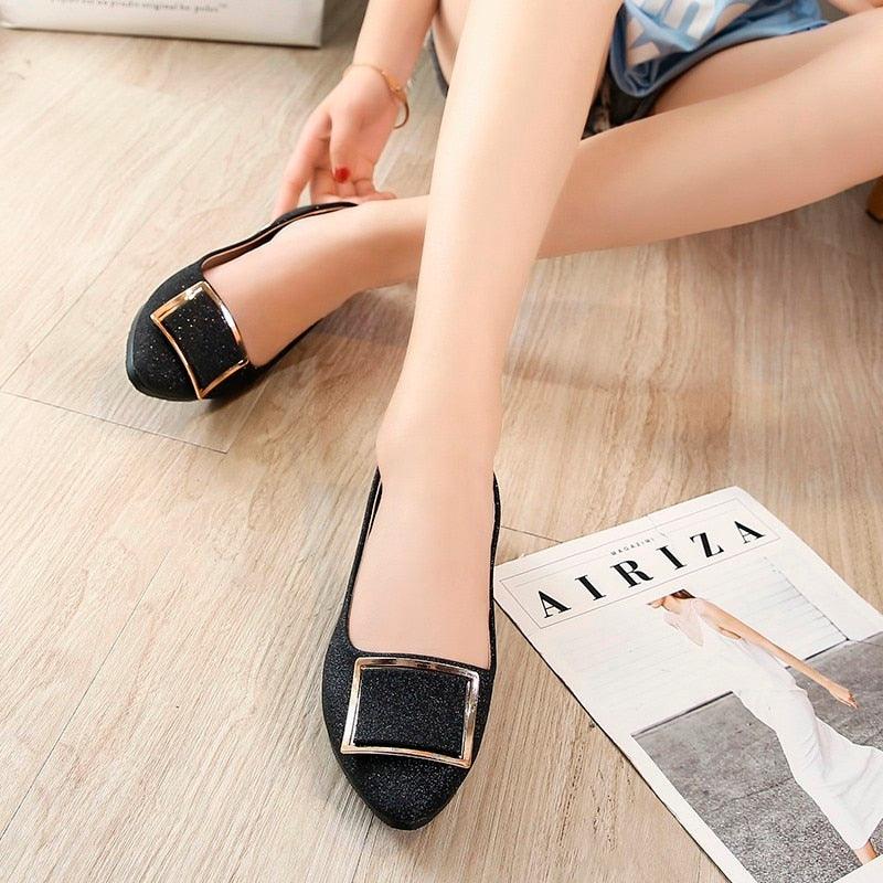 Women Golden Buckle Flat Shoes - Loafers Ballet Flats Bling Bling Shoes (SH3)(FS)(WO1)(WO2)(WO4)
