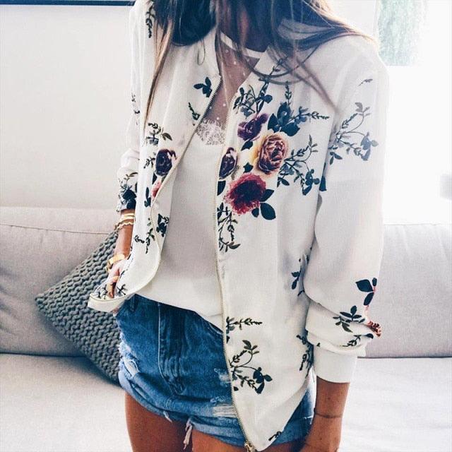 Beautiful Autumn Winter Women Coat - Fashion Retro Floral Zipper Up Bomber Jacket - Ladies Long Sleeve Casual Coats (2U23)