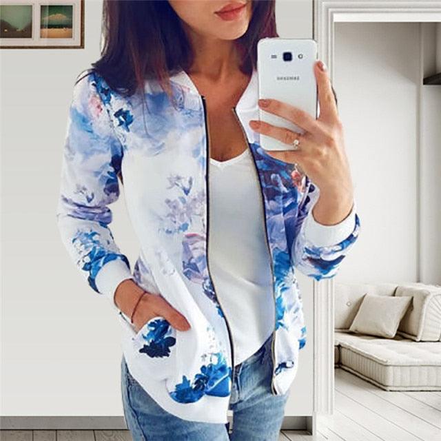 Beautiful Autumn Winter Women Coat - Fashion Retro Floral Zipper Up Bomber Jacket - Ladies Long Sleeve Casual Coats (2U23)