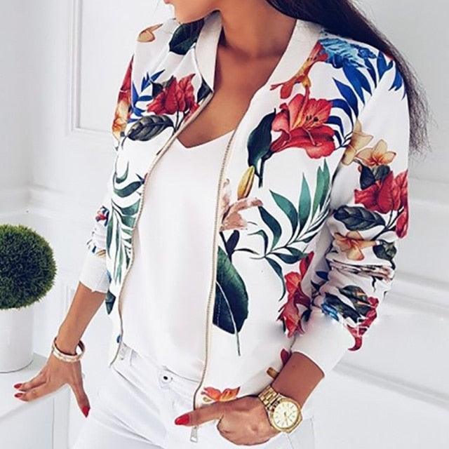 Beautiful Autumn Winter Women Coat - Fashion Retro Floral Zipper Up Bomber Jacket - Ladies Long Sleeve Casual Coats (2U23)