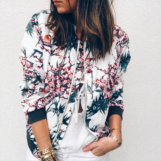 Beautiful Autumn Winter Women Coat - Fashion Retro Floral Zipper Up Bomber Jacket - Ladies Long Sleeve Casual Coats (2U23)