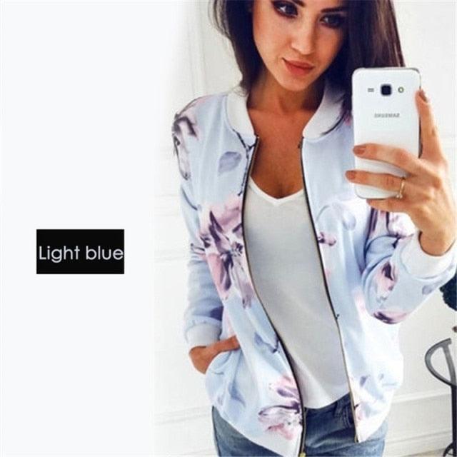 Beautiful Autumn Winter Women Coat - Fashion Retro Floral Zipper Up Bomber Jacket - Ladies Long Sleeve Casual Coats (2U23)