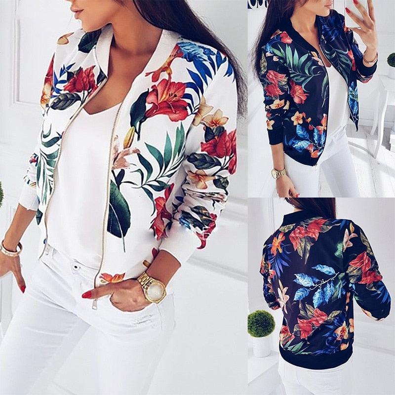 Beautiful Autumn Winter Women Coat - Fashion Retro Floral Zipper Up Bomber Jacket - Ladies Long Sleeve Casual Coats (2U23)