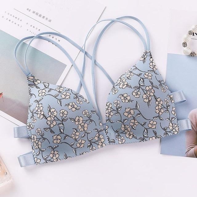 Beautiful Women Flower Printed Bras - Cross Beauty Back Front Buckle Wireless Bralettes - Sexy Comfort Push Up Bras 1pc (1U27)