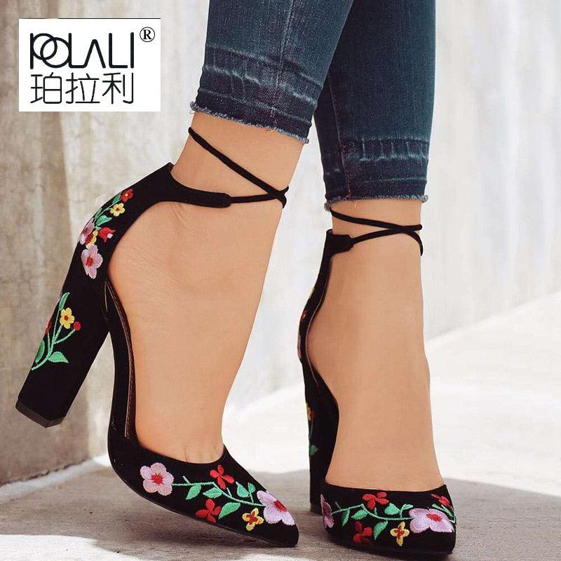 Gorgeous Women Heels Embroidery Pumps - Flower Ankle Strap Shoes (SH3)(SH1)(SH2)(CD)(WO4)(WO5)