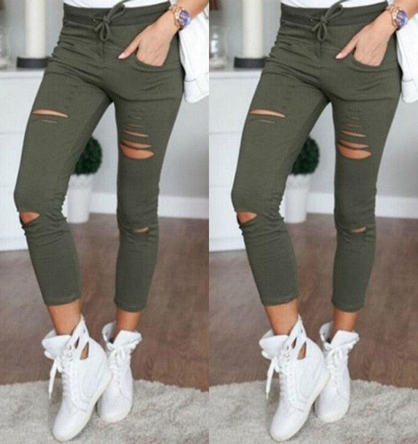 Amazing Women Leggings - Holes Pencil Stretch Casual Denim Skinny Ripped Pants - High Waist Jeans Trousers (TB6)