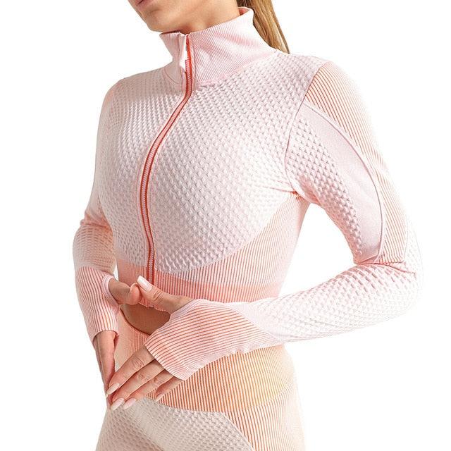 Women Long Sleeve Yoga Set - Gym Zippered Clothes - Fitness Crop Top + High Waist Seamless Leggings - 2Pcs Sport Suit (1U24)