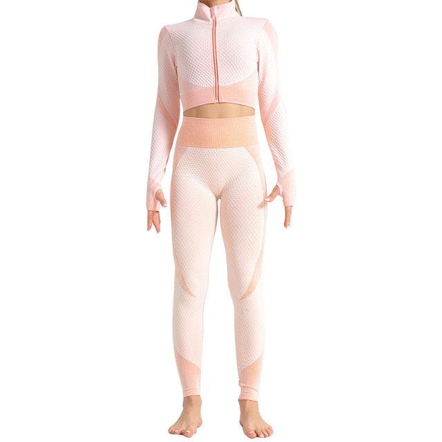 Women Long Sleeve Yoga Set - Gym Zippered Clothes - Fitness Crop Top + High Waist Seamless Leggings - 2Pcs Sport Suit (1U24)