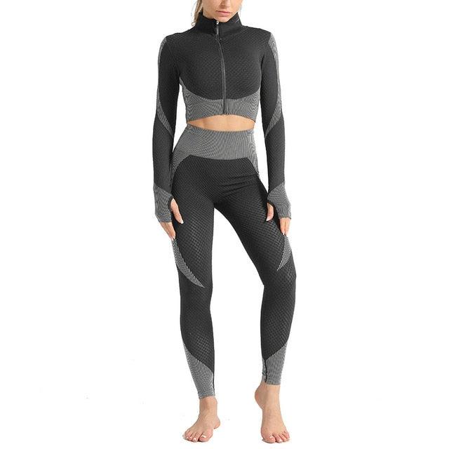 Women Long Sleeve Yoga Set - Gym Zippered Clothes - Fitness Crop Top + High Waist Seamless Leggings - 2Pcs Sport Suit (1U24)