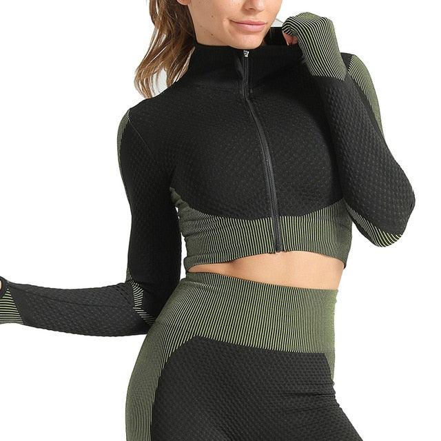 Women Long Sleeve Yoga Set - Gym Zippered Clothes - Fitness Crop Top + High Waist Seamless Leggings - 2Pcs Sport Suit (1U24)