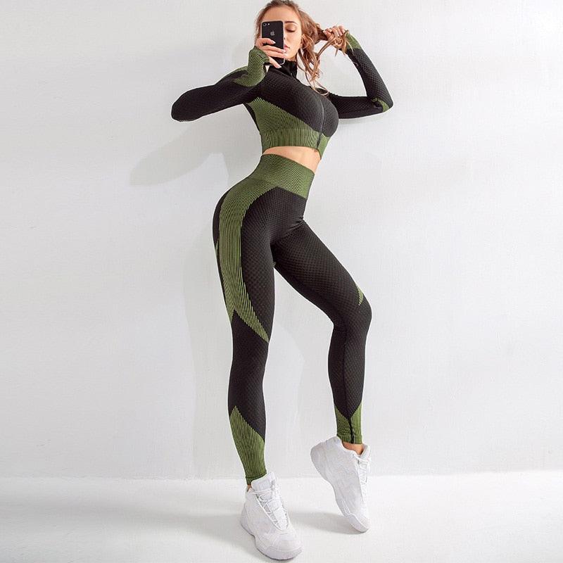 Women Long Sleeve Yoga Set - Gym Zippered Clothes - Fitness Crop Top + High Waist Seamless Leggings - 2Pcs Sport Suit (1U24)