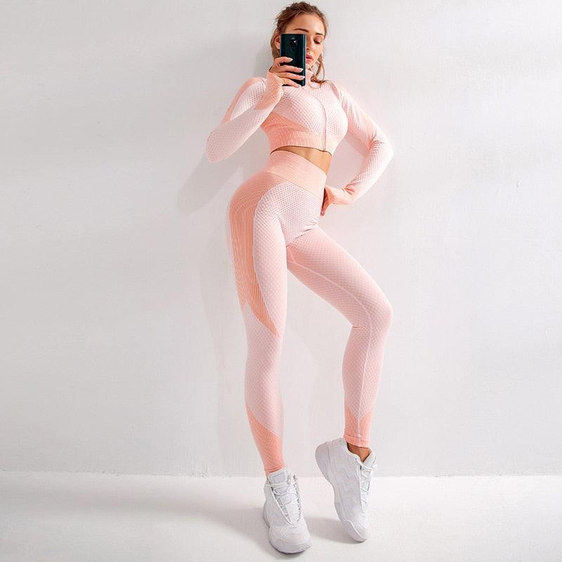 Women Long Sleeve Yoga Set - Gym Zippered Clothes - Fitness Crop Top + High Waist Seamless Leggings - 2Pcs Sport Suit (1U24)