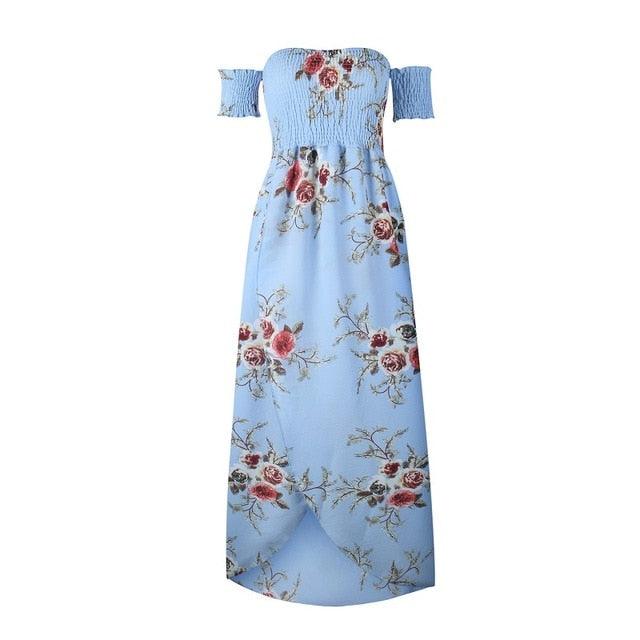 Women Off Shoulder Floral Print Boho Dress - Women Beach Summer Dresses - Strapless Long Maxi Dress (D18)(WS06)