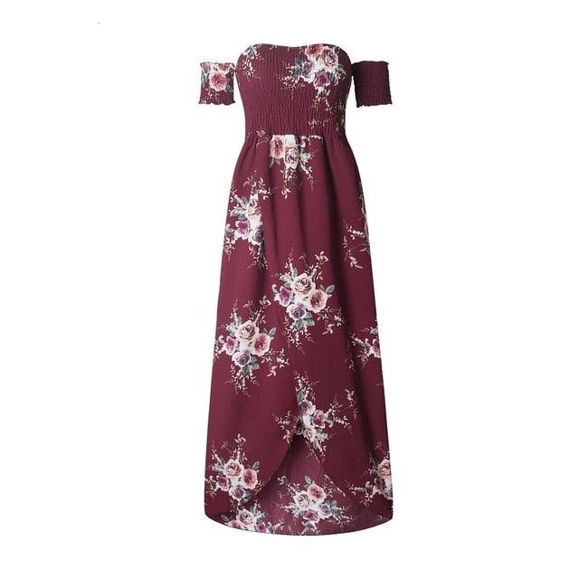 Women Off Shoulder Floral Print Boho Dress - Women Beach Summer Dresses - Strapless Long Maxi Dress (D18)(WS06)
