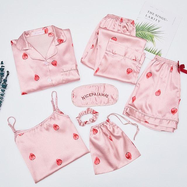 Amazing Sexy Spring Summer 7 Pieces Pajamas Sets - Women Silk Satin Pajama Soft Sleepwear (ZP1)(F90)