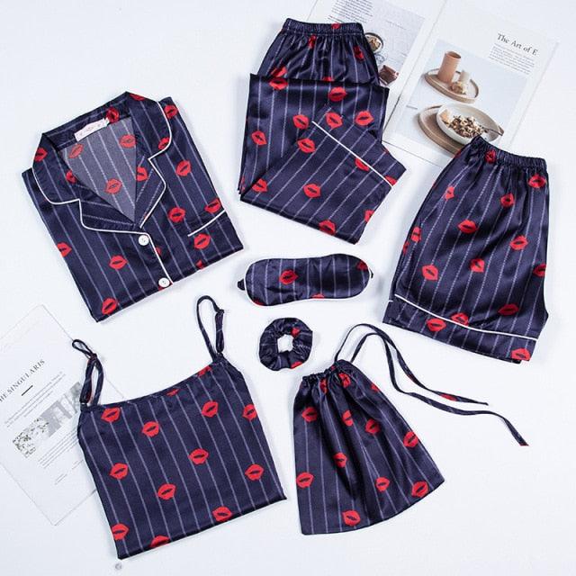 Amazing Sexy Spring Summer 7 Pieces Pajamas Sets - Women Silk Satin Pajama Soft Sleepwear (ZP1)(F90)