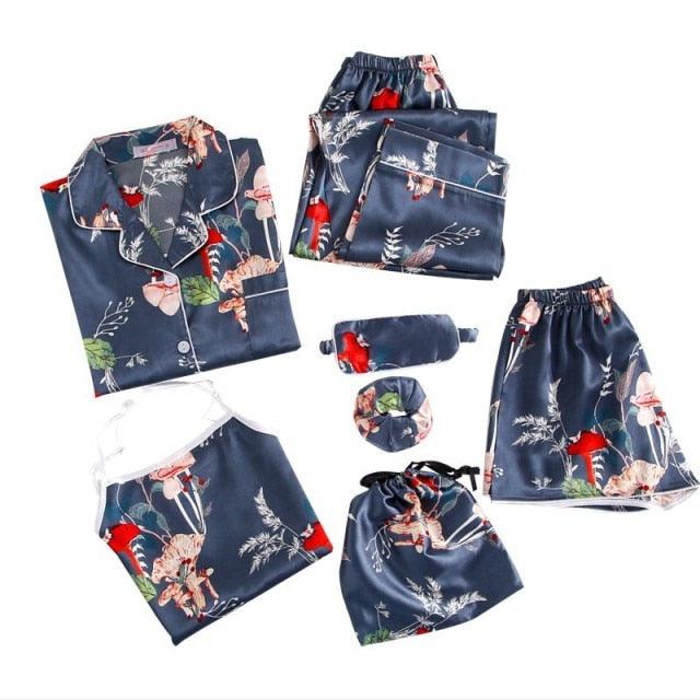 Amazing Sexy Spring Summer 7 Pieces Pajamas Sets - Women Silk Satin Pajama Soft Sleepwear (ZP1)(F90)