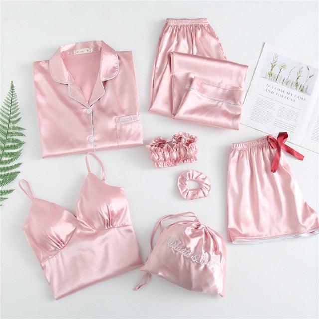 Amazing Sexy Spring Summer 7 Pieces Pajamas Sets - Women Silk Satin Pajama Soft Sleepwear (ZP1)(F90)