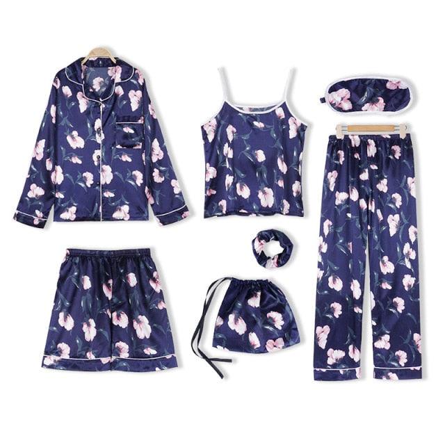 Amazing Sexy Spring Summer 7 Pieces Pajamas Sets - Women Silk Satin Pajama Soft Sleepwear (ZP1)(F90)