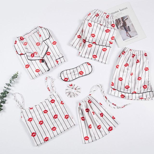 Amazing Sexy Spring Summer 7 Pieces Pajamas Sets - Women Silk Satin Pajama Soft Sleepwear (ZP1)(F90)