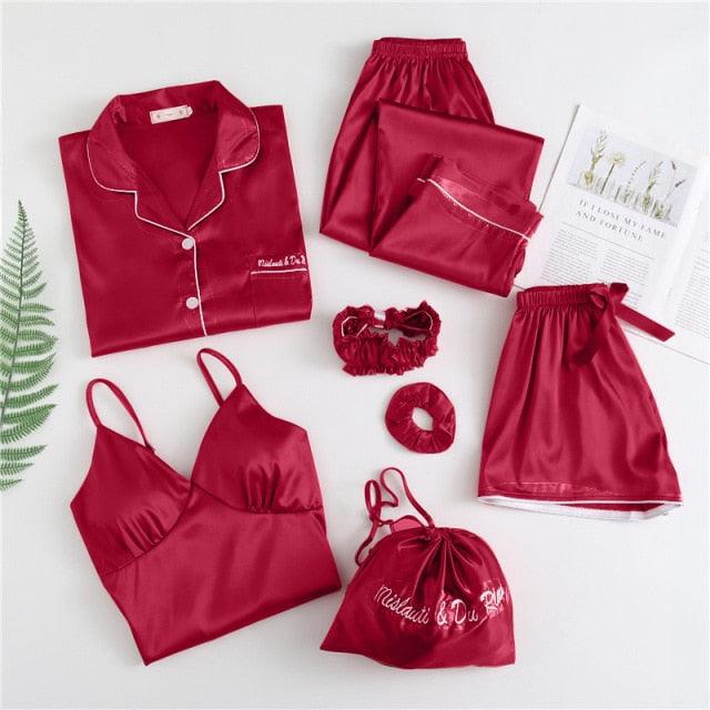 Amazing Sexy Spring Summer 7 Pieces Pajamas Sets - Women Silk Satin Pajama Soft Sleepwear (ZP1)(F90)