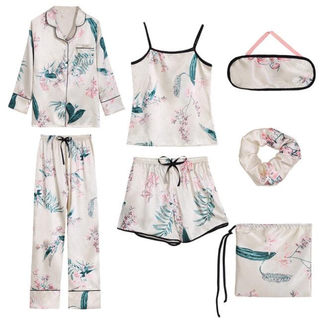 Amazing Sexy Spring Summer 7 Pieces Pajamas Sets - Women Silk Satin Pajama Soft Sleepwear (ZP1)(F90)