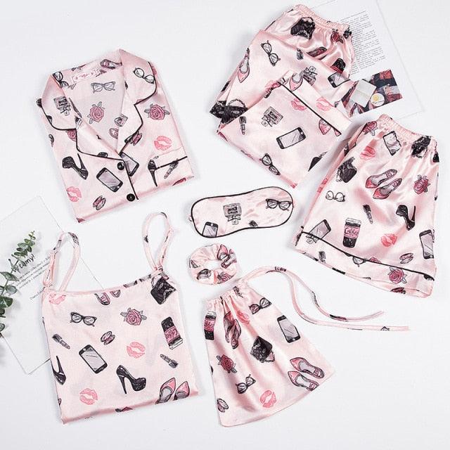 Amazing Sexy Spring Summer 7 Pieces Pajamas Sets - Women Silk Satin Pajama Soft Sleepwear (ZP1)(F90)