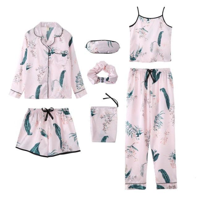 Amazing Sexy Spring Summer 7 Pieces Pajamas Sets - Women Silk Satin Pajama Soft Sleepwear (ZP1)(F90)
