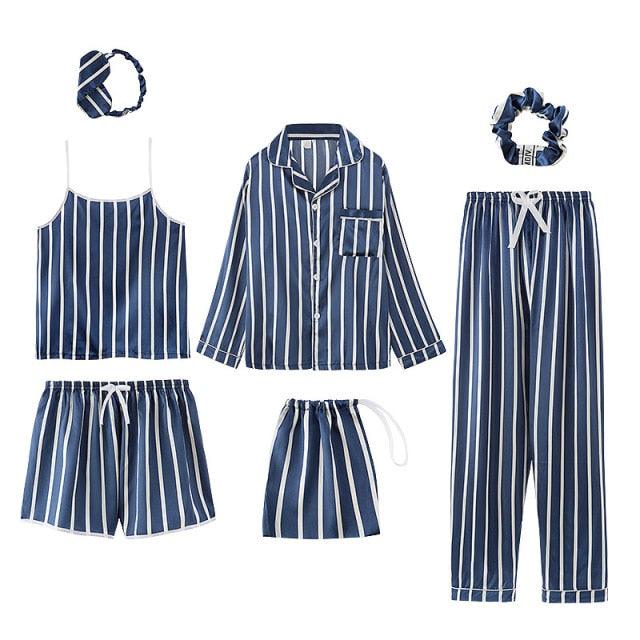 Amazing Sexy Spring Summer 7 Pieces Pajamas Sets - Women Silk Satin Pajama Soft Sleepwear (ZP1)(F90)