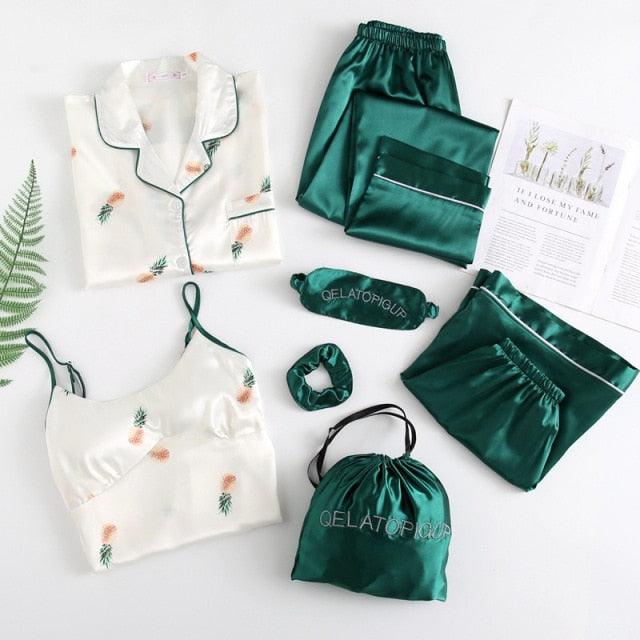 Amazing Sexy Spring Summer 7 Pieces Pajamas Sets - Women Silk Satin Pajama Soft Sleepwear (ZP1)(F90)
