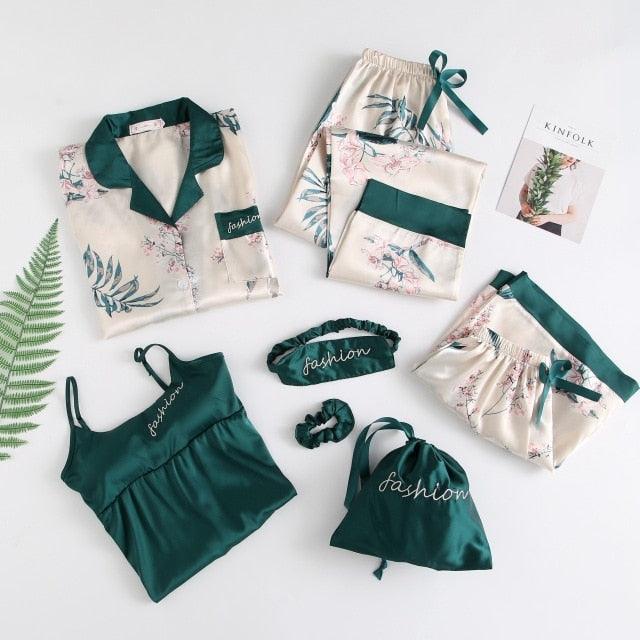 Amazing Sexy Spring Summer 7 Pieces Pajamas Sets - Women Silk Satin Pajama Soft Sleepwear (ZP1)(F90)