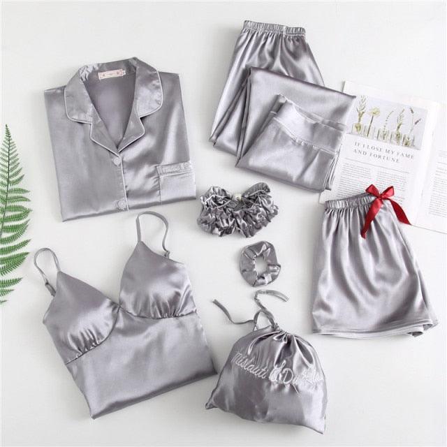 Amazing Sexy Spring Summer 7 Pieces Pajamas Sets - Women Silk Satin Pajama Soft Sleepwear (ZP1)(F90)