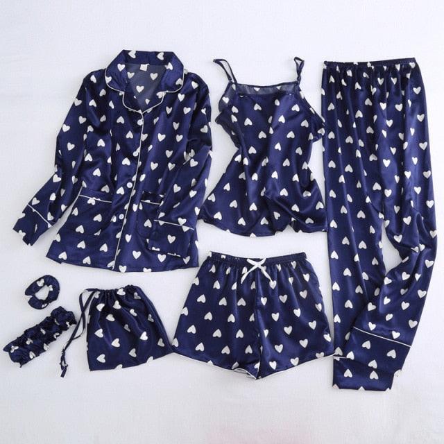 Amazing Sexy Spring Summer 7 Pieces Pajamas Sets - Women Silk Satin Pajama Soft Sleepwear (ZP1)(F90)