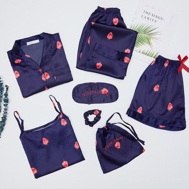 Amazing Sexy Spring Summer 7 Pieces Pajamas Sets - Women Silk Satin Pajama Soft Sleepwear (ZP1)(F90)