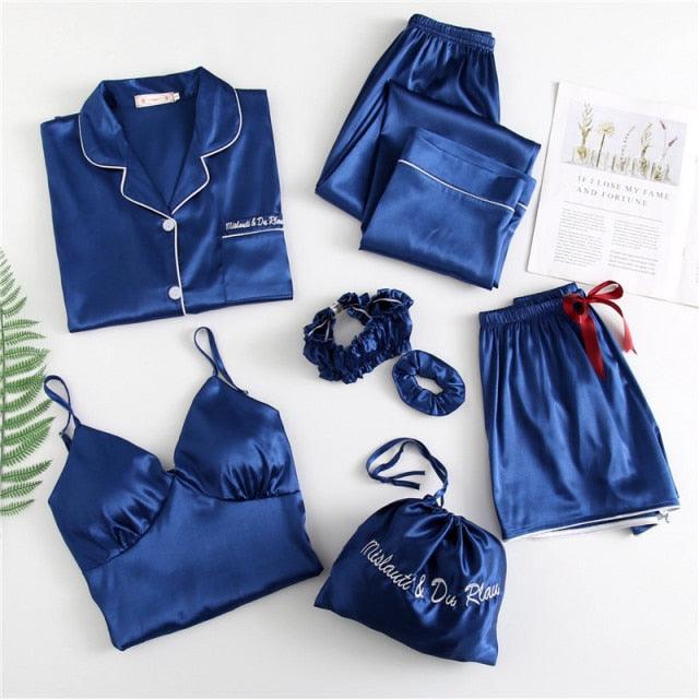 Amazing Sexy Spring Summer 7 Pieces Pajamas Sets - Women Silk Satin Pajama Soft Sleepwear (ZP1)(F90)
