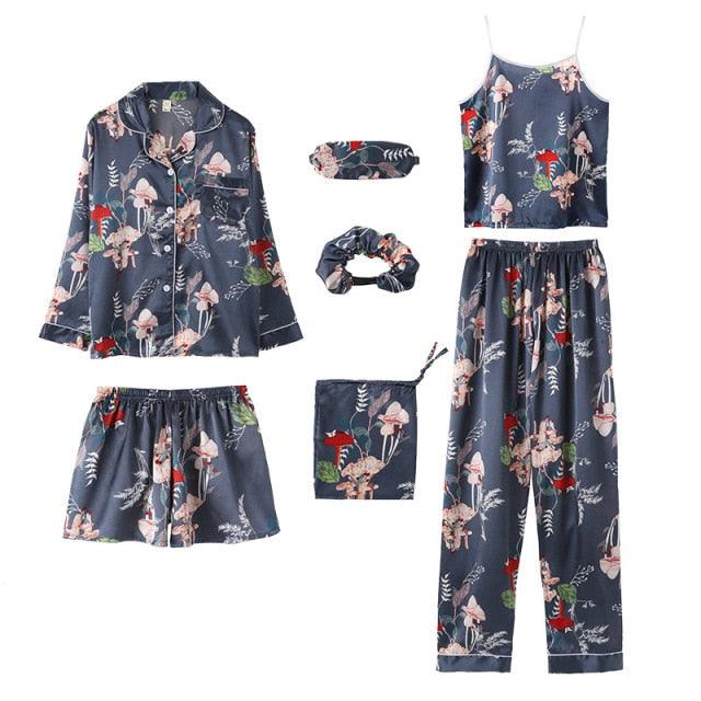 Amazing Sexy Spring Summer 7 Pieces Pajamas Sets - Women Silk Satin Pajama Soft Sleepwear (ZP1)(F90)