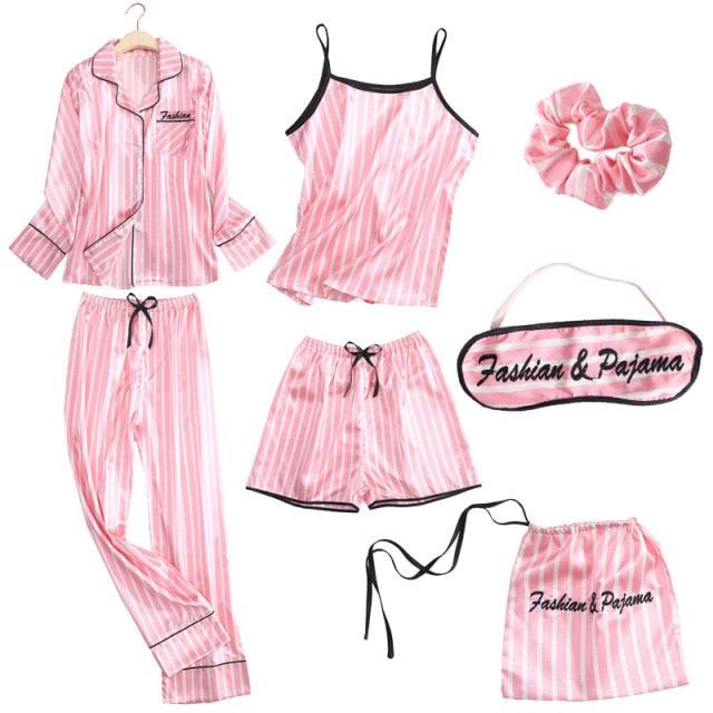 Amazing Sexy Spring Summer 7 Pieces Pajamas Sets - Women Silk Satin Pajama Soft Sleepwear (ZP1)(F90)