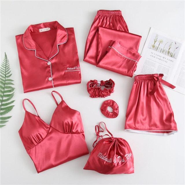 Amazing Sexy Spring Summer 7 Pieces Pajamas Sets - Women Silk Satin Pajama Soft Sleepwear (ZP1)(F90)