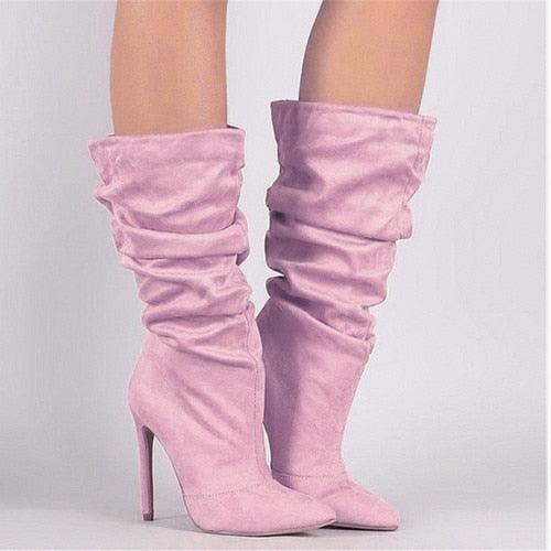 Gorgeous Women Pleated Mid Calf Boots - Thin High Heels Women's Pointed Toe Sexy Pumps (3U38)(3U107)(3U36)