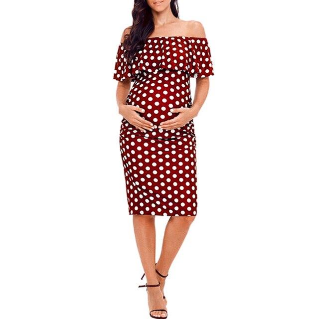 Great Polka Dot Ruffle Maternity Dresses - Off Shoulder Summer Pregnancy Dresses- Ladies Short Sleeve (1U5)(Z7)(Z9)(3Z1)