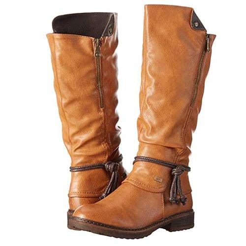 Women Retro Mid Calf Boots - Shoes Knight Warm Boots - Black PU Leather Low Heels (3U38)(3U107)